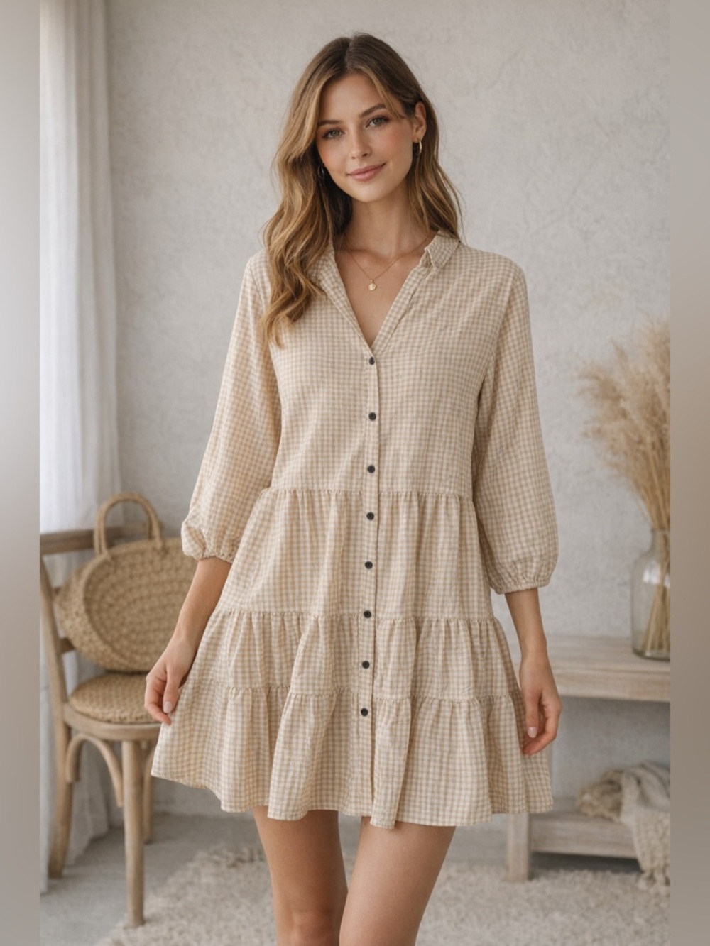 ePretty Chicago Gingham Tiered Dress Beige White Size Large